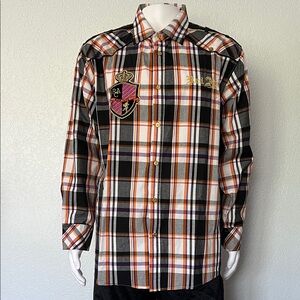 Plaid Button Down Shirt Mens 2XL Red Ape Crest Patch Y2K Streetwear